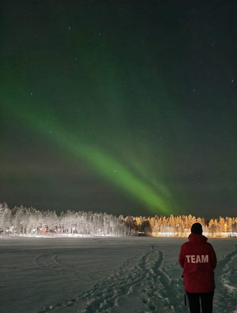 Reiseleiter mit Team-Jacke unter dem Polarlichthimmel